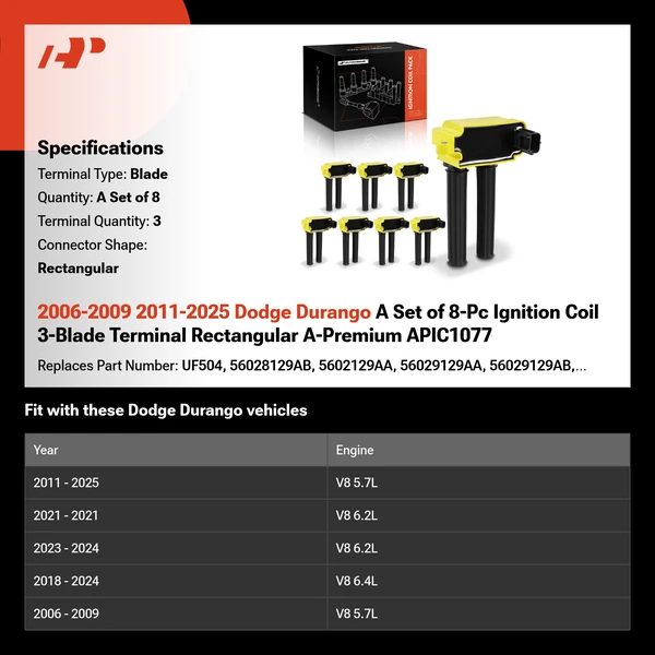 2006-2009 2011-2025 Dodge Durango A Set of 8-Pc Ignition Coil 3-Blade Terminal Rectangular A-Premium APIC1077