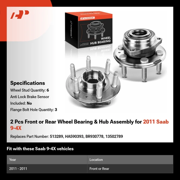 2 Pcs Front or Rear Wheel Bearing & Hub Assembly for 2011 Saab 9-4X