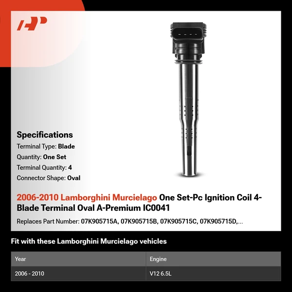 2006-2010 Lamborghini Murcielago One Set-Pc Ignition Coil 4-Blade Terminal Oval A-Premium IC0041