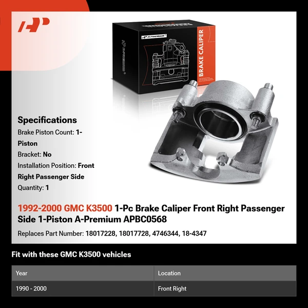 1992-2000 GMC K3500 1-Pc Brake Caliper Front Right Passenger Side 1-Piston A-Premium APBC0568