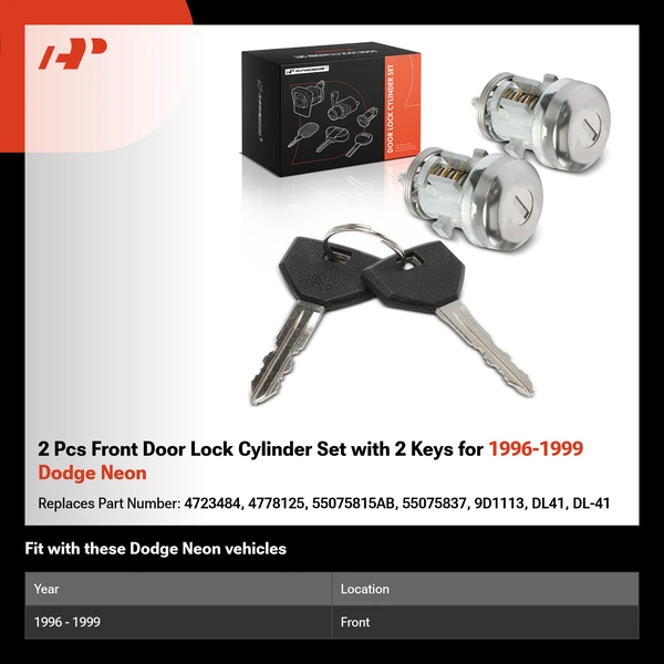 2 Pcs Front Door Lock Cylinder Set with 2 Keys for 1996-1999 Dodge Neon