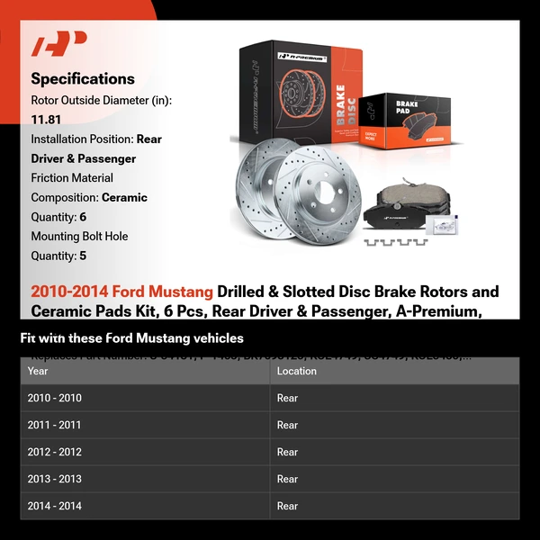 2010-2014 Ford Mustang Drilled & Slotted Disc Brake Rotors and Ceramic Pads Kit, 6 Pcs, Rear Driver & Passenger, A-Premium, APBRPS969
