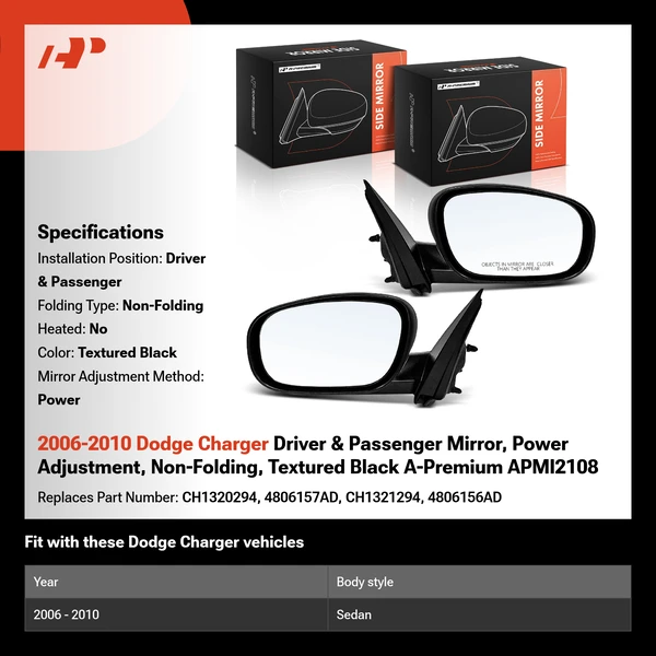 2006-2010 Dodge Charger Driver & Passenger Mirror, Power Adjustment, Non-Folding, Textured Black A-Premium APMI2108