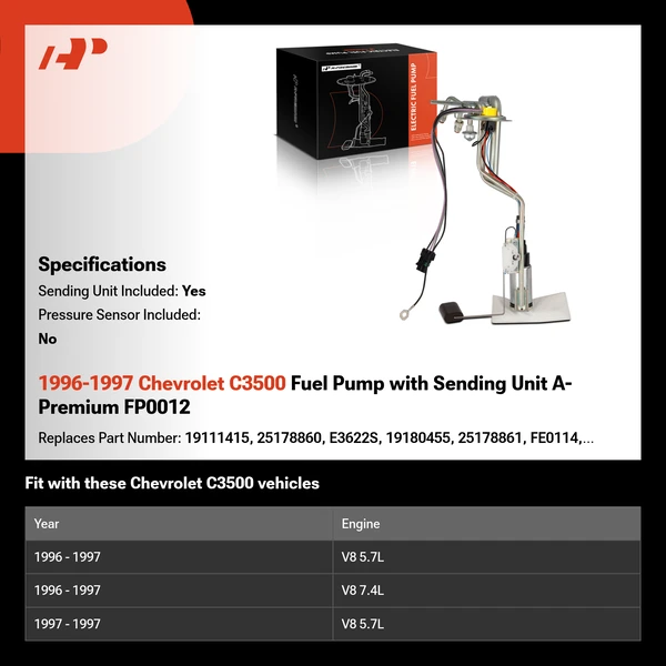 1996-1997 Chevrolet C3500 Fuel Pump with Sending Unit A-Premium FP0012