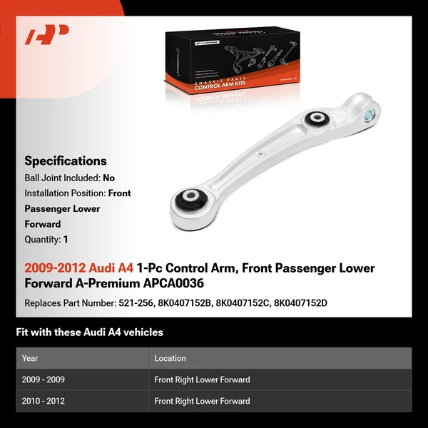 2009-2012 Audi A4 1-Pc Control Arm, Front Passenger Lower Forward A-Premium APCA0036