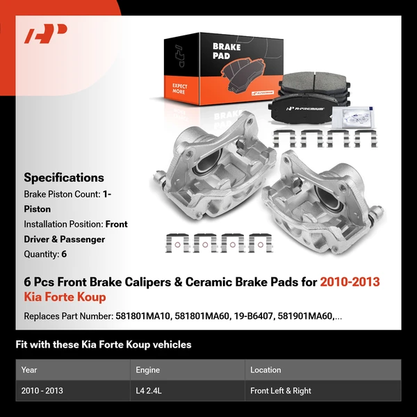 6 Pcs Front Brake Calipers & Ceramic Brake Pads for 2010-2013 Kia Forte Koup