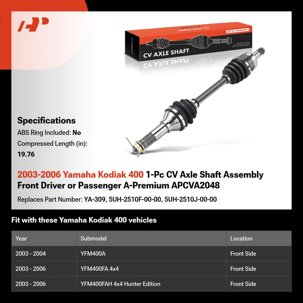 2003-2006 Yamaha Kodiak 400 1-Pc CV Axle Shaft Assembly Front Driver or Passenger A-Premium APCVA2048