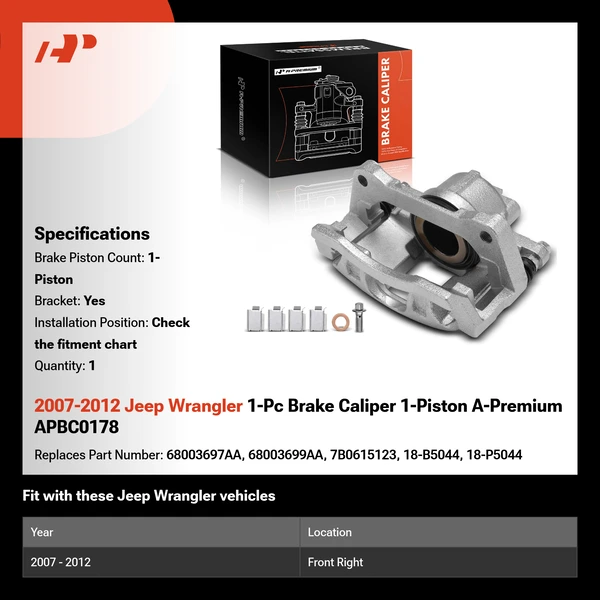 2007-2012 Jeep Wrangler 1-Pc Brake Caliper 1-Piston A-Premium APBC0178