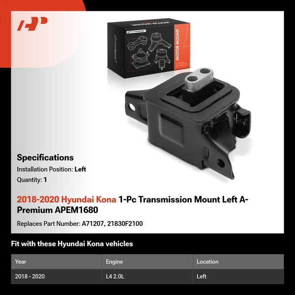 2018-2020 Hyundai Kona 1-Pc Transmission Mount Left A-Premium APEM1680