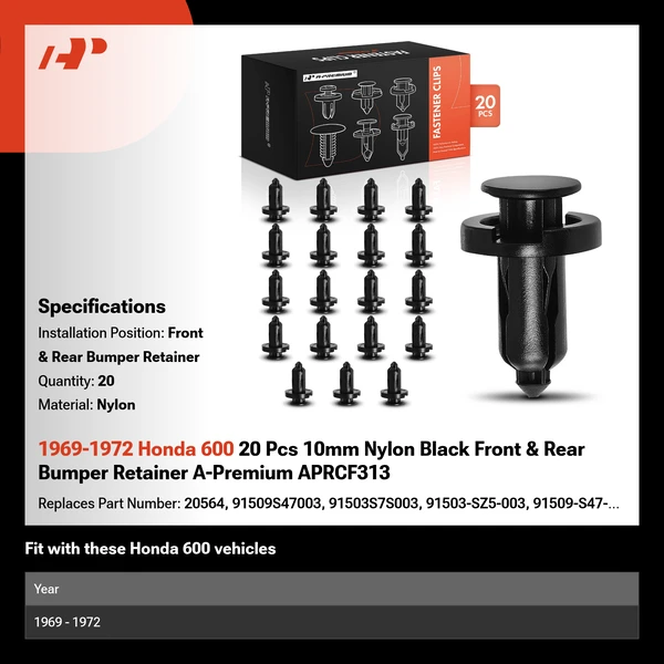1969-1972 Honda 600 20 Pcs 10mm Nylon Black Front & Rear Bumper Retainer A-Premium APRCF313