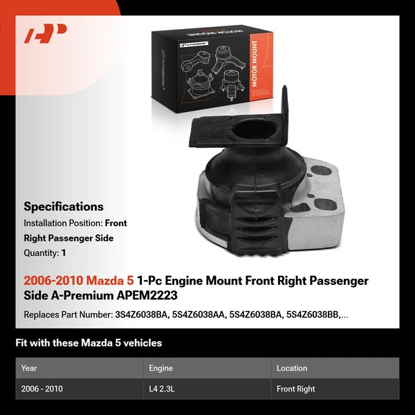 2006-2010 Mazda 5 1-Pc Engine Mount Front Right Passenger Side A-Premium APEM2223