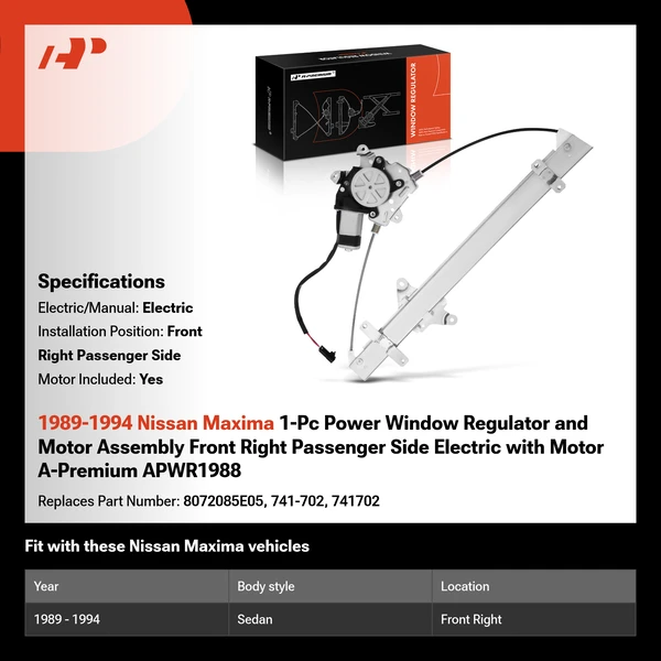 1989-1994 Nissan Maxima 1-Pc Power Window Regulator and Motor Assembly Front Right Passenger Side Electric with Motor A-Premium APWR1988