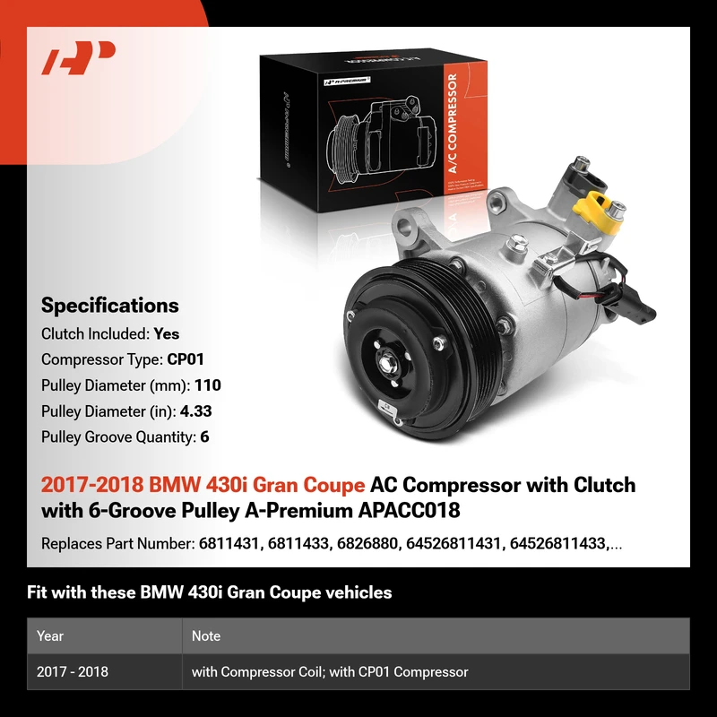 2017-2018 BMW 430i Gran Coupe AC Compressor with Clutch with 6-Groove Pulley A-Premium APACC018