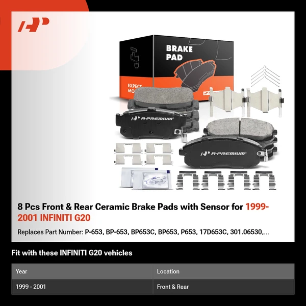 8 Pcs Front & Rear Ceramic Brake Pads with Sensor for 1999-2001 INFINITI G20