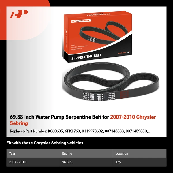 69.38 Inch Water Pump Serpentine Belt for 2007-2010 Chrysler Sebring