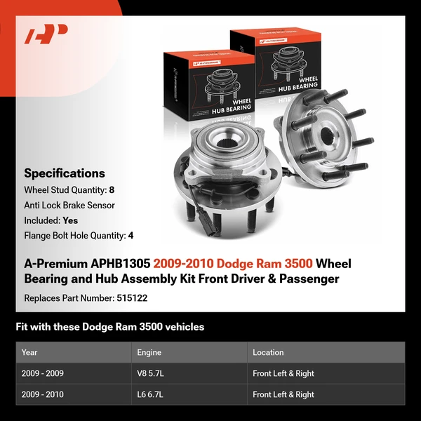 A-Premium APHB1305 2009-2010 Dodge Ram 3500 Wheel Bearing and Hub Assembly Kit Front Driver & Passenger