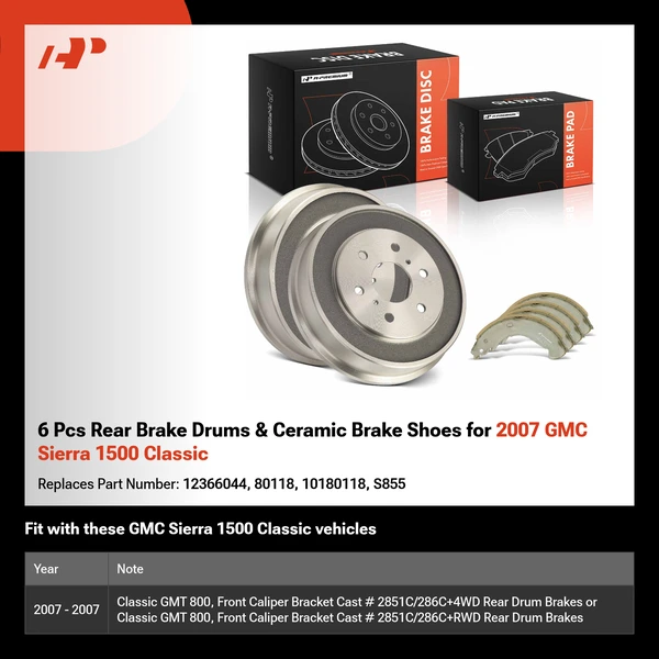 6 Pcs Rear Brake Drums & Ceramic Brake Shoes for 2007 GMC Sierra 1500 Classic