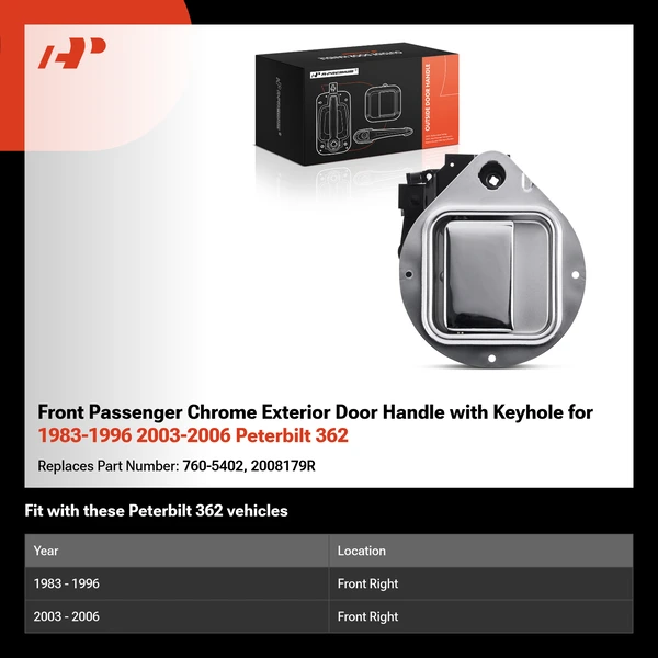 Front Passenger Chrome Exterior Door Handle with Keyhole for 1983-1996 2003-2006 Peterbilt 362