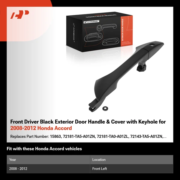 Front Driver Black Exterior Door Handle & Cover with Keyhole for 2008-2012 Honda Accord