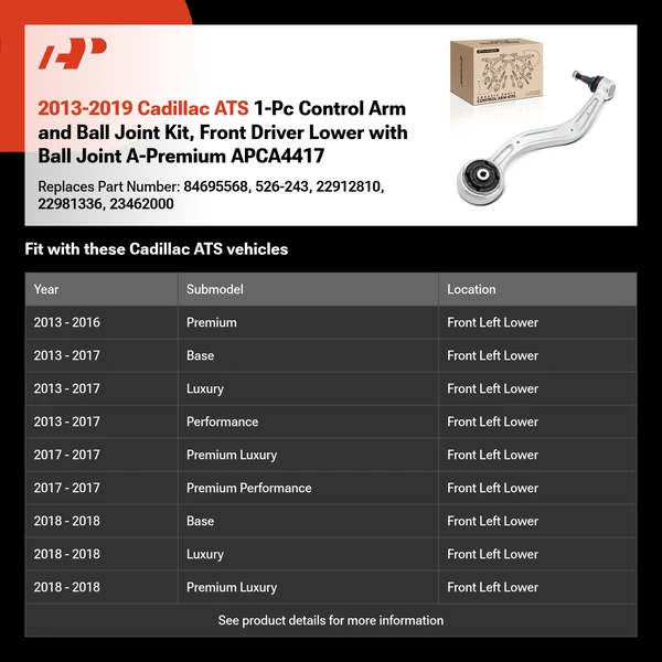 2013-2019 Cadillac ATS 1-Pc Control Arm and Ball Joint Kit, Front Driver Lower with Ball Joint A-Premium APCA4417