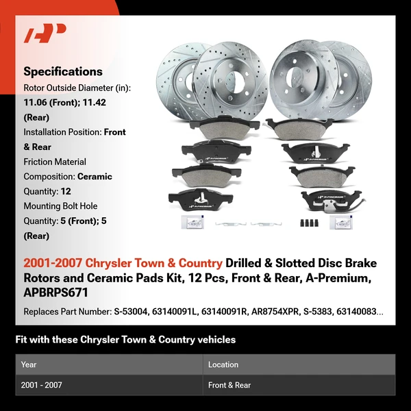 2001-2007 Chrysler Town & Country Drilled & Slotted Disc Brake Rotors and Ceramic Pads Kit, 12 Pcs, Front & Rear, A-Premium, APBRPS671