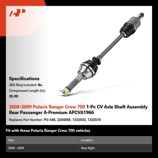 2008-2009 Polaris Ranger Crew 700 1-Pc CV Axle Shaft Assembly Rear Passenger A-Premium APCVA1966