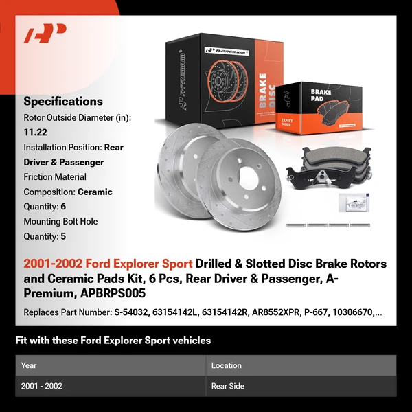 2001-2002 Ford Explorer Sport Drilled & Slotted Disc Brake Rotors and Ceramic Pads Kit, 6 Pcs, Rear Driver & Passenger, A-Premium, APBRPS005