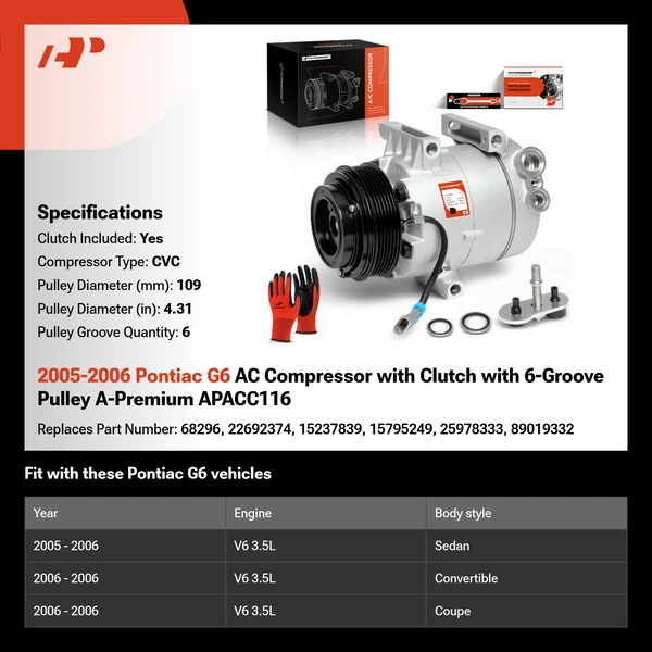 2005-2006 Pontiac G6 AC Compressor with Clutch with 6-Groove Pulley A-Premium APACC116