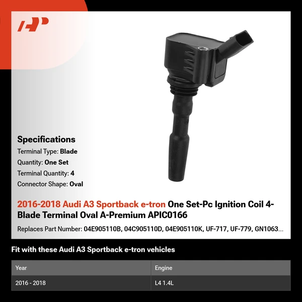 2016-2018 Audi A3 Sportback e-tron One Set-Pc Ignition Coil 4-Blade Terminal Oval A-Premium APIC0166