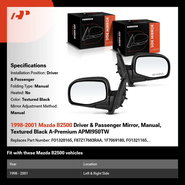 1998-2001 Mazda B2500 Driver & Passenger Mirror, Manual Adjustment, Manual Folding, Textured Black A-Premium APMI950TW