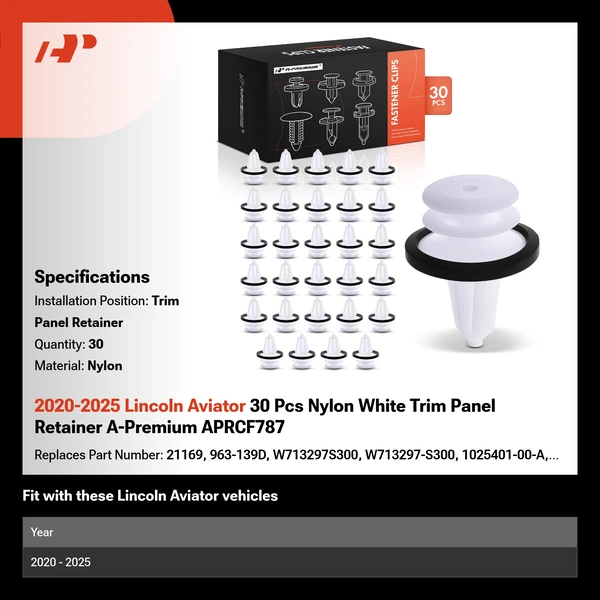 2020-2025 Lincoln Aviator 30 Pcs Nylon White Trim Panel Retainer A-Premium APRCF787