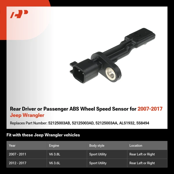 Rear Driver or Passenger ABS Wheel Speed Sensor for 2007-2017 Jeep Wrangler