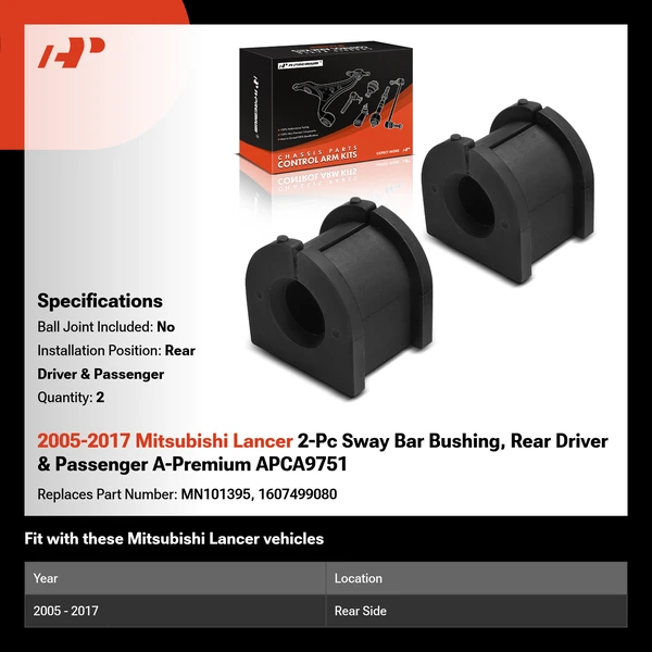 2005-2017 Mitsubishi Lancer 2-Pc Sway Bar Bushing, Rear Driver & Passenger A-Premium APCA9751