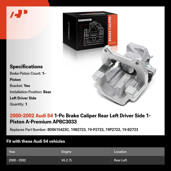 2000-2002 Audi S4 1-Pc Brake Caliper Rear Left Driver Side 1-Piston A-Premium APBC3033