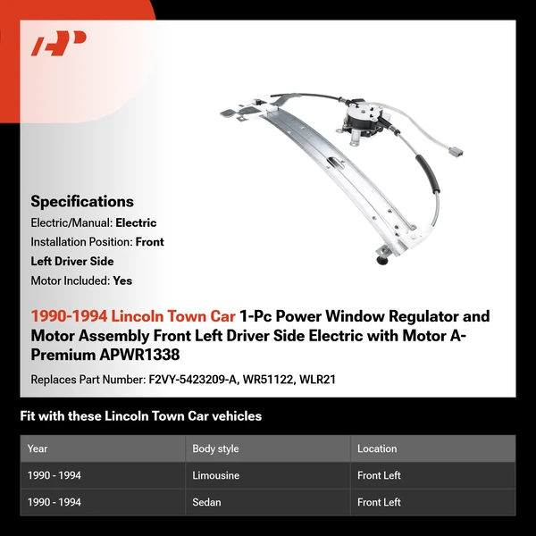 1990-1994 Lincoln Town Car 1-Pc Power Window Regulator and Motor Assembly Front Left Driver Side Electric with Motor A-Premium APWR1338