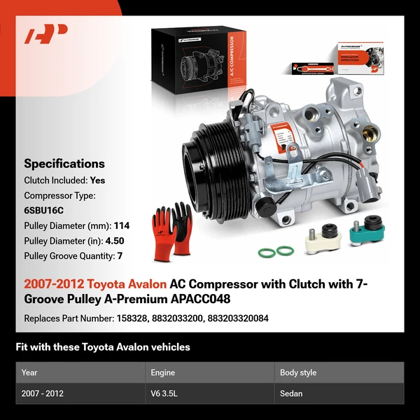 2007-2012 Toyota Avalon AC Compressor with Clutch with 7-Groove Pulley A-Premium APACC048