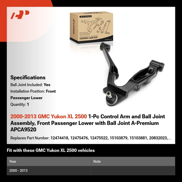 2000-2013 GMC Yukon XL 2500 1-Pc Control Arm and Ball Joint Assembly, Front Passenger Lower with Ball Joint A-Premium APCA9520