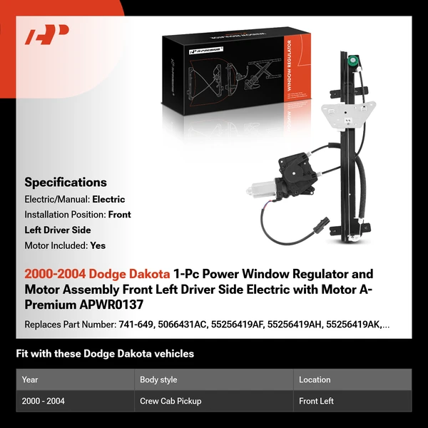 2000-2004 Dodge Dakota 1-Pc Power Window Regulator and Motor Assembly Front Left Driver Side Electric with Motor A-Premium APWR0137