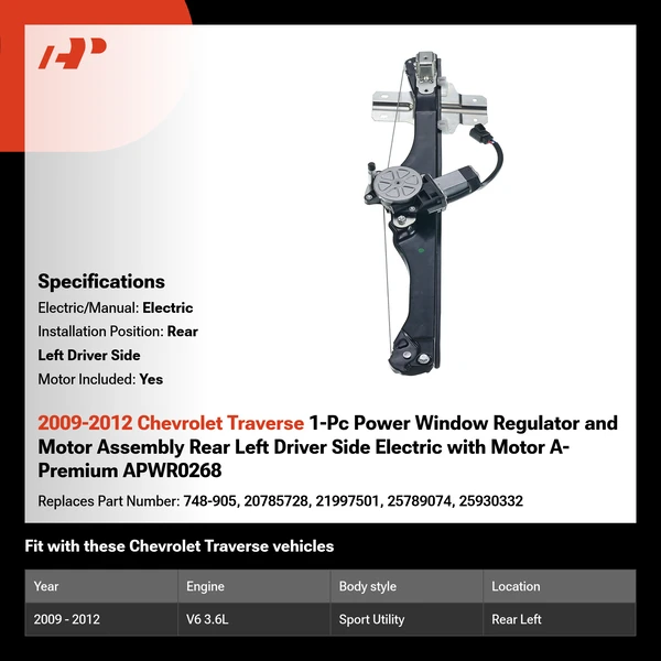 2009-2012 Chevrolet Traverse 1-Pc Power Window Regulator and Motor Assembly Rear Left Driver Side Electric with Motor A-Premium APWR0268