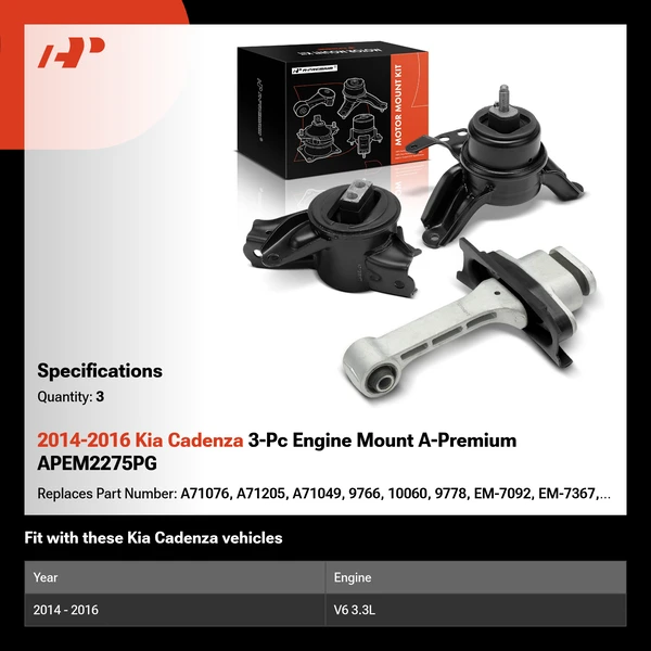 2014-2016 Kia Cadenza 3-Pc Engine Mount A-Premium APEM2275PG