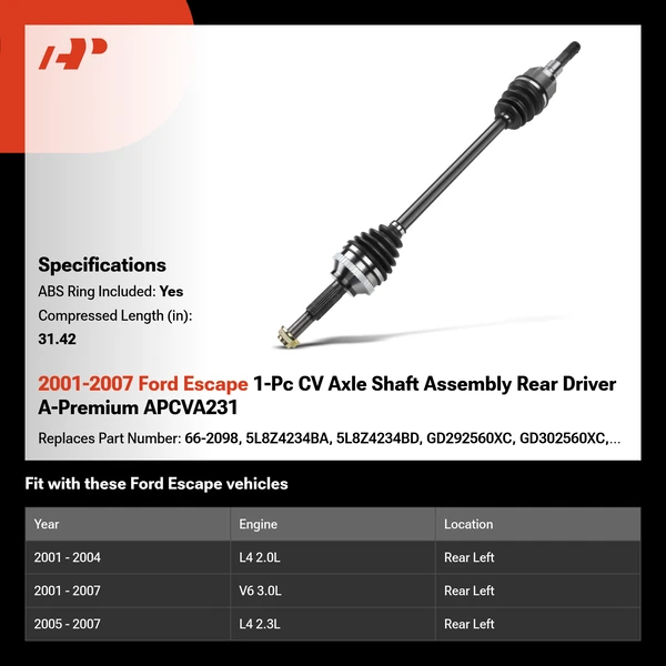 2001-2007 Ford Escape 1-Pc CV Axle Shaft Assembly Rear Driver A-Premium APCVA231