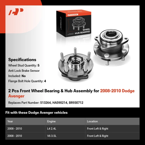 2 Pcs Front Wheel Bearing & Hub Assembly for 2008-2010 Dodge Avenger