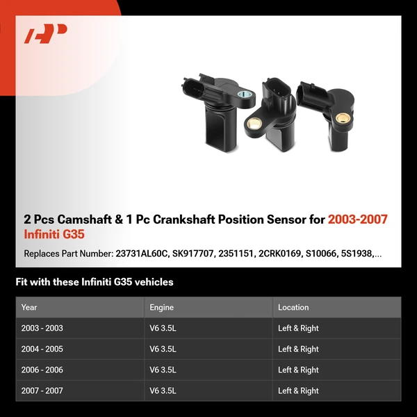 2 Pcs Camshaft & 1 Pc Crankshaft Position Sensor for 2003-2007 Infiniti G35