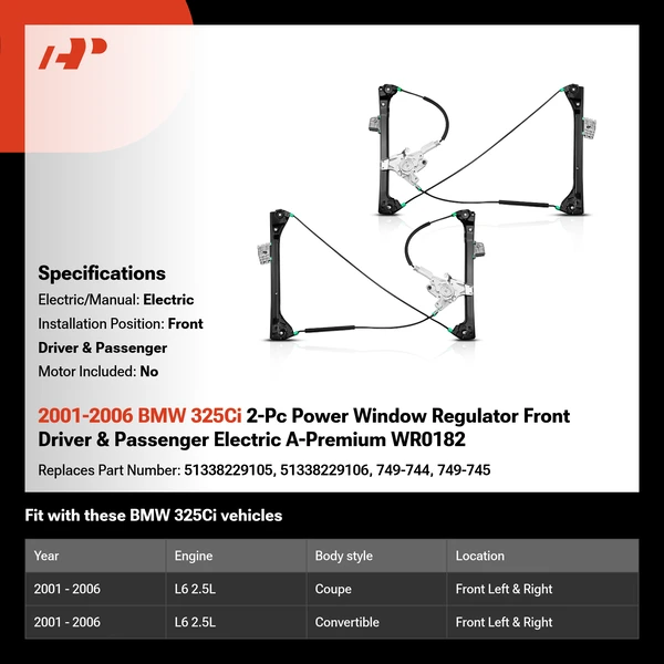 2001-2006 BMW 325Ci 2-Pc Power Window Regulator Front Driver & Passenger Electric A-Premium WR0182