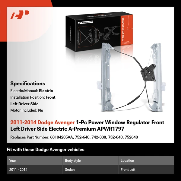 2011-2014 Dodge Avenger 1-Pc Power Window Regulator Front Left Driver Side Electric A-Premium APWR1797