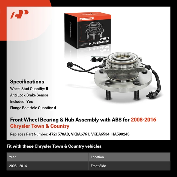 Front Wheel Bearing & Hub Assembly with ABS for 2008-2016 Chrysler Town & Country