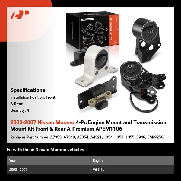2003-2007 Nissan Murano 4-Pc Engine Mount and Transmission Mount Kit Front & Rear A-Premium APEM1106
