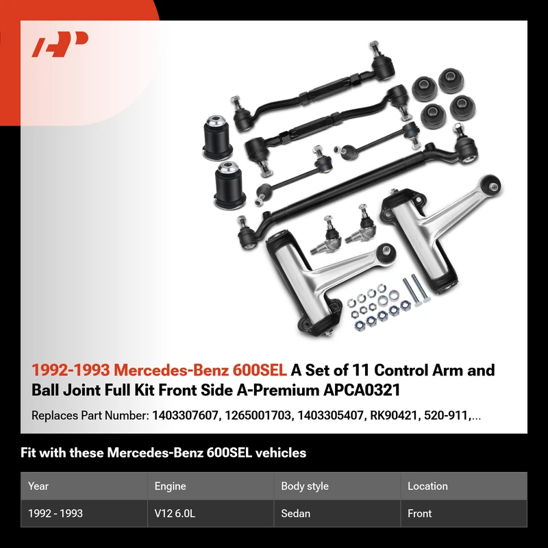 1992-1993 Mercedes-Benz 600SEL A Set of 11 Control Arm and Ball Joint Full Kit Front Side A-Premium APCA0321