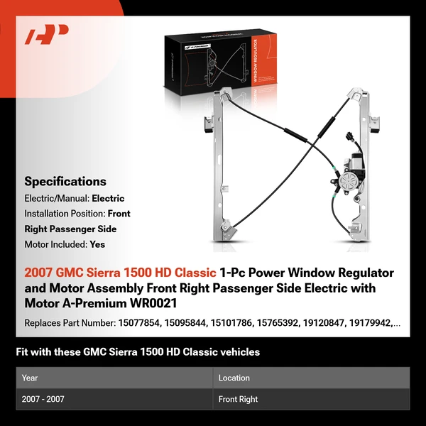 2007 GMC Sierra 1500 HD Classic 1-Pc Power Window Regulator and Motor Assembly Front Right Passenger Side Electric with Motor A-Premium WR0021