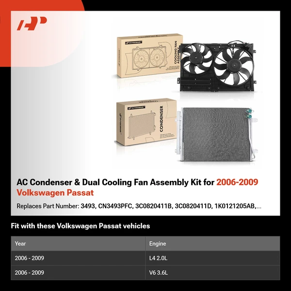 AC Condenser & Dual Cooling Fan Assembly Kit for 2006-2009 Volkswagen Passat